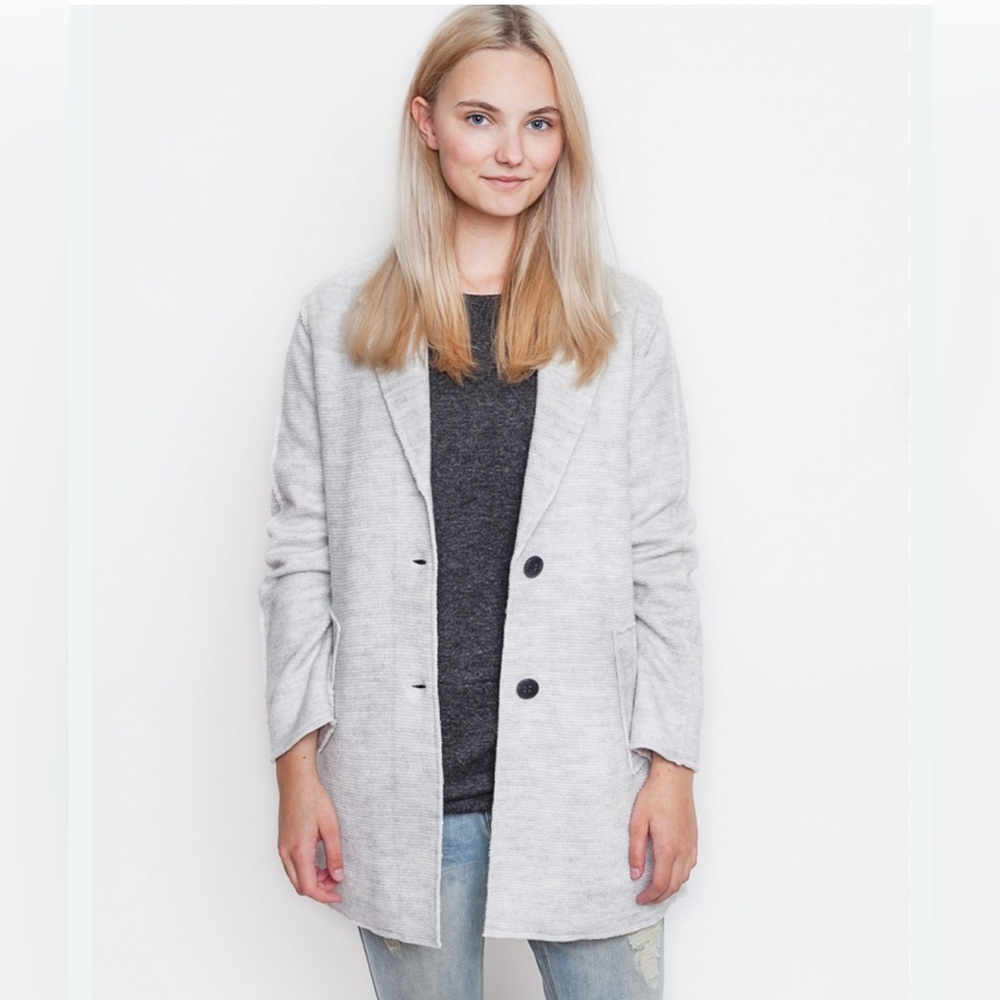 Numph Women's Light Gray Textured Wool‎ Blend Mid Length Preppy Buttoned Coat L